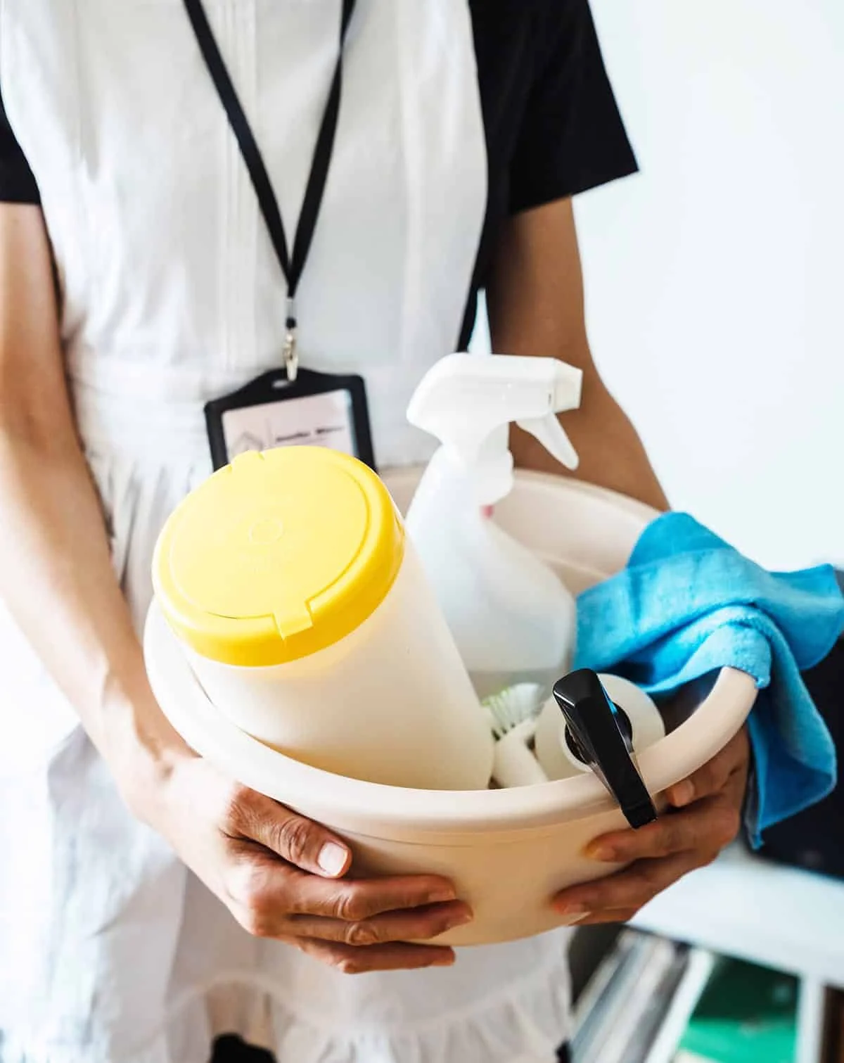 cleaning lady carrying products